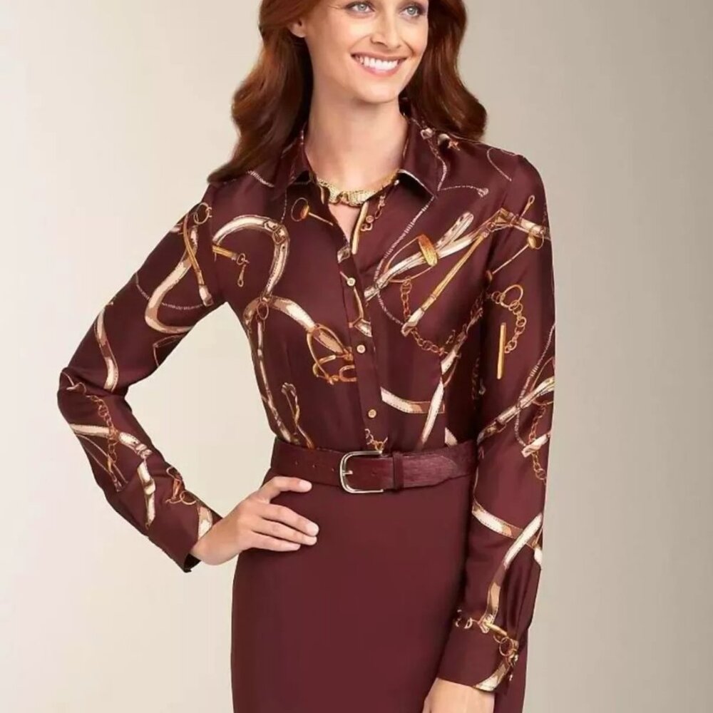 TALBOTS NWT $119 Brown Equestrian Print 100% Silk Button Up Shirt Top Size 20